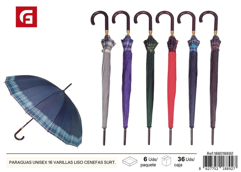 Paraguas unisex 16 varillas liso cenefas surt. - Accesorios para lluvia