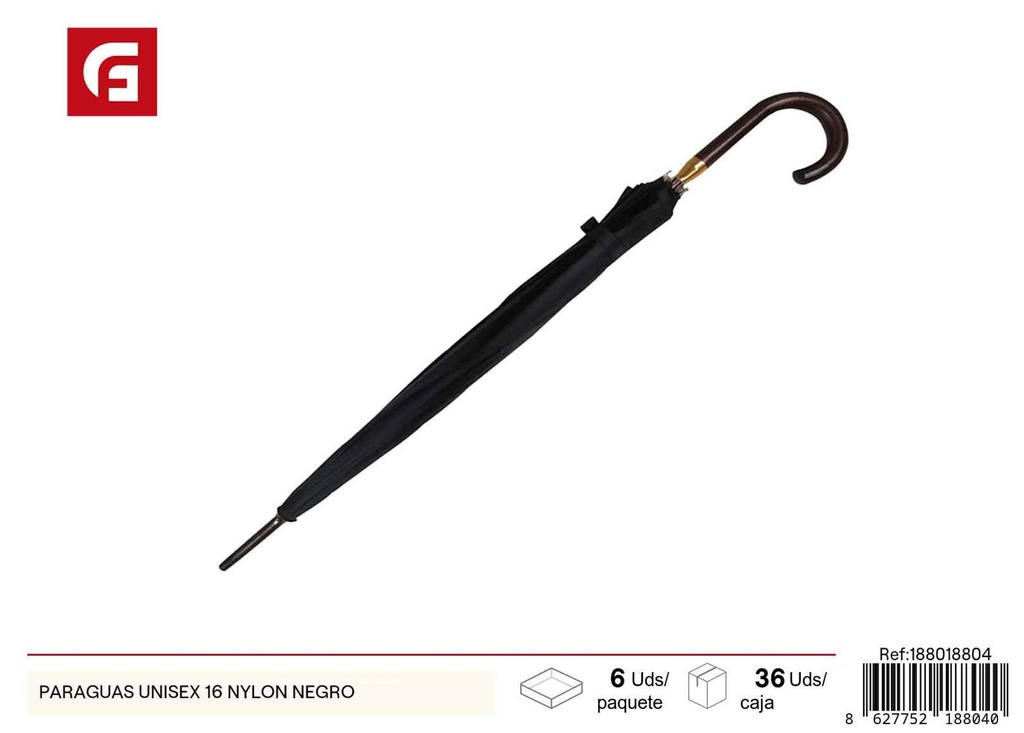 Paraguas unisex 16 nylon negro - Accesorios para lluvia