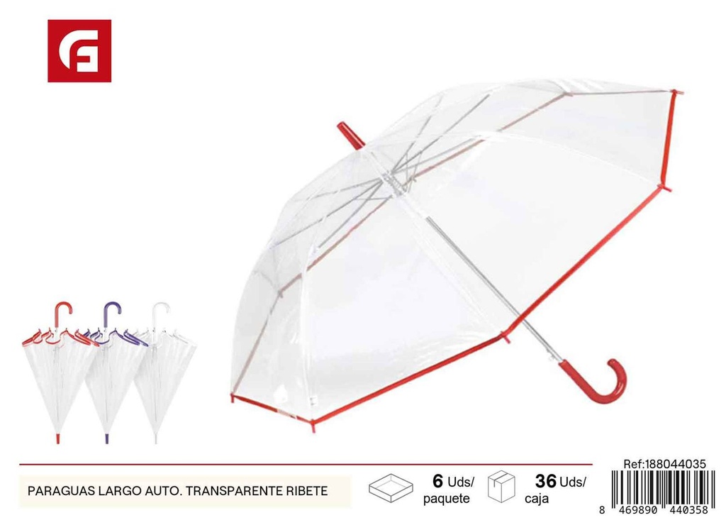 Paraguas largo automático transparente con ribete - Artículos de lluvia