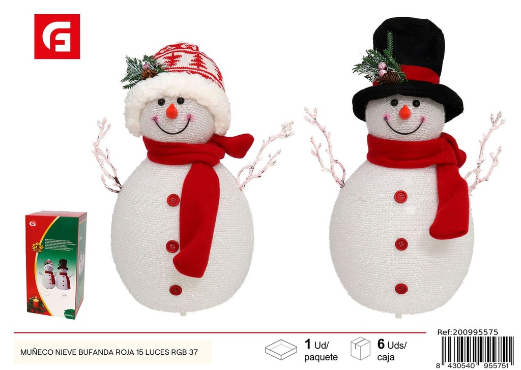  Muñeco de nieve bufanda roja 15 luces RGB 37cm - Figuras navideñas iluminadas