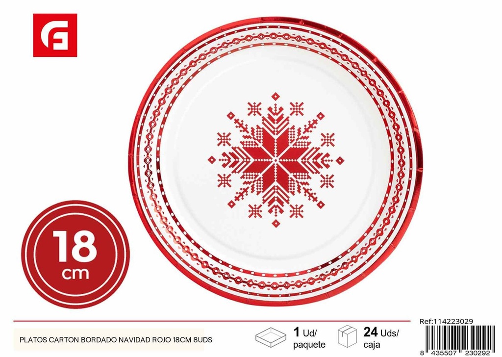 Plato de cartón bordado navidad rojo 18 cm - Set de platos navideños (8 unidades)