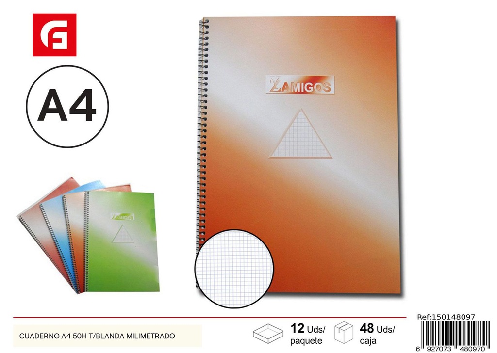 Cuaderno A4 50H tapa blanda milimetrado - Papelería