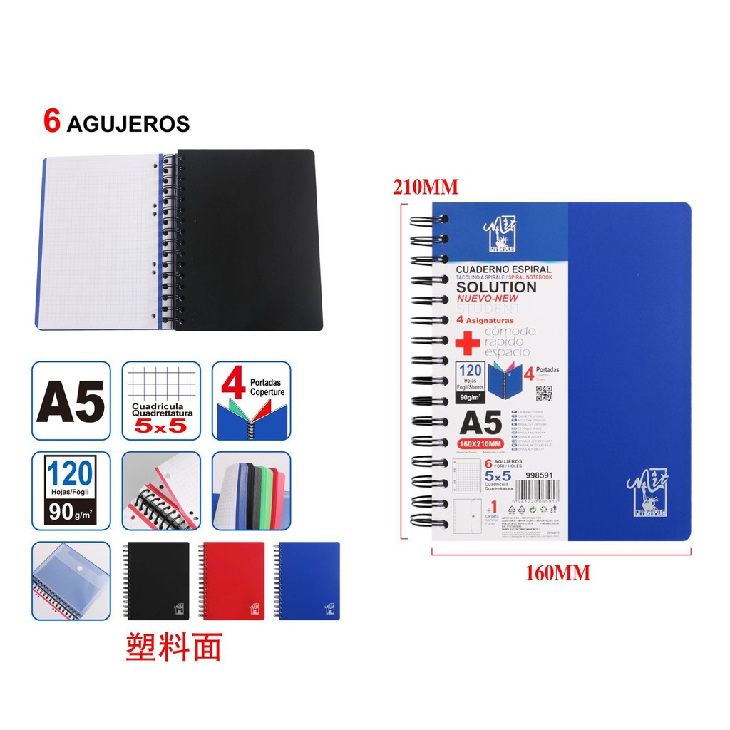 Cuaderno espiral plástico A5 120 páginas - Papelería escolar