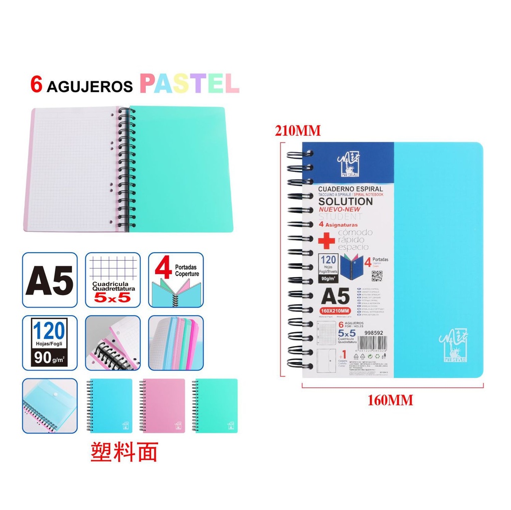 Cuaderno espiral plástico A5 120 páginas - Papelería escolar