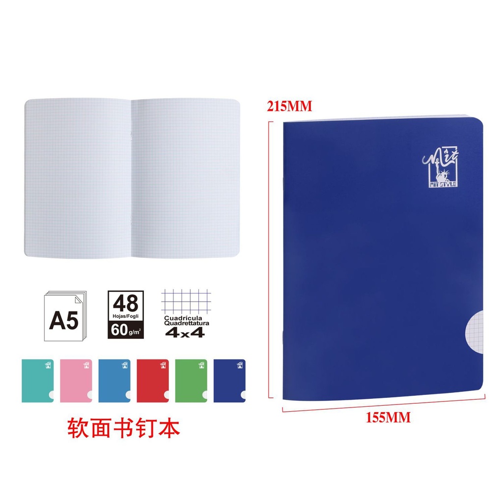 Caderno blando A5 con cuadrícula 4x4 48 hojas 60g - Material escolar