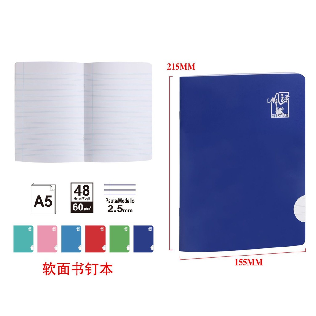 Caderno blando A5 con pauta de 2.5mm 48 hojas 60g - Material escolar 