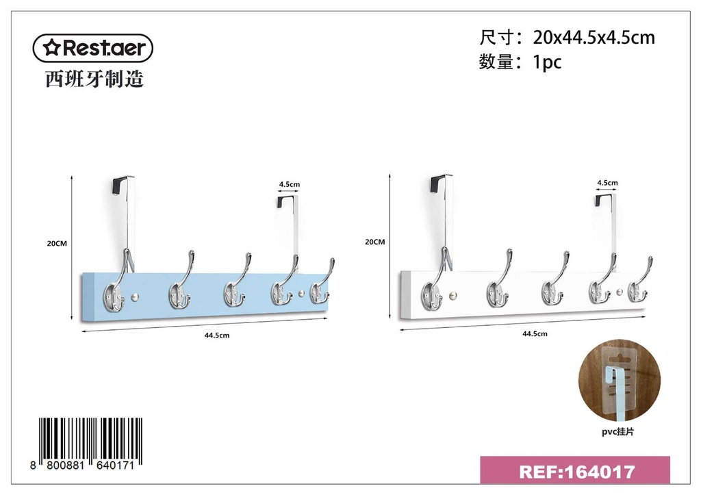 Percha para puerta 5 ganchos blanco y azul - Organizadores y colgadores