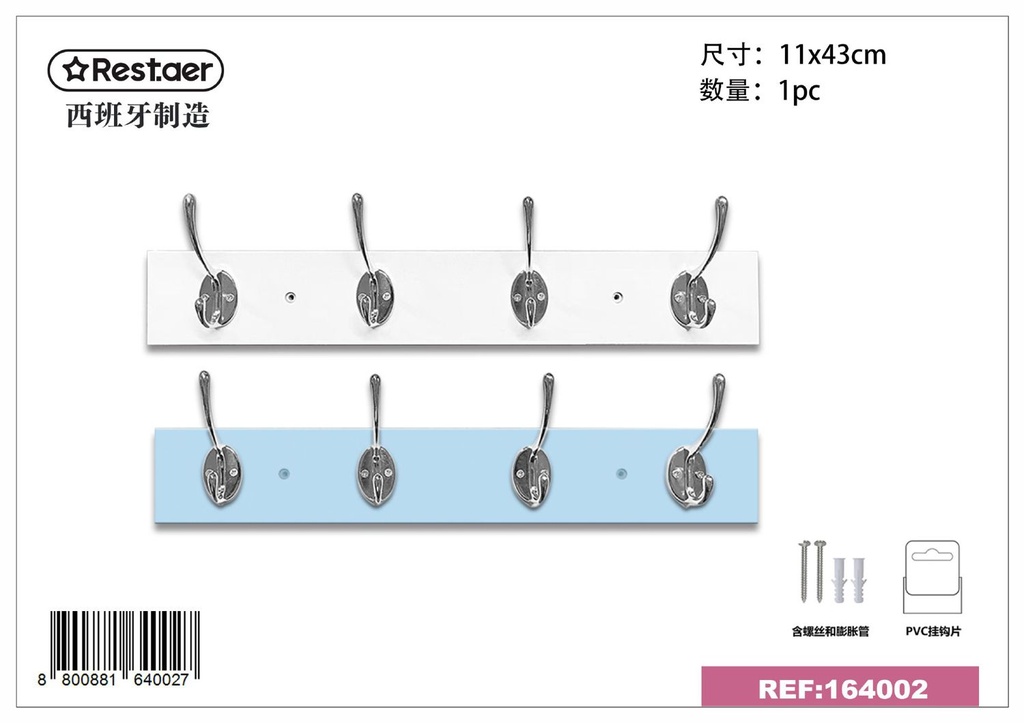 Perchas de pared de aluminio con 4 ganchos (3 blancas y 3 azules) - Accesorios de ferretería