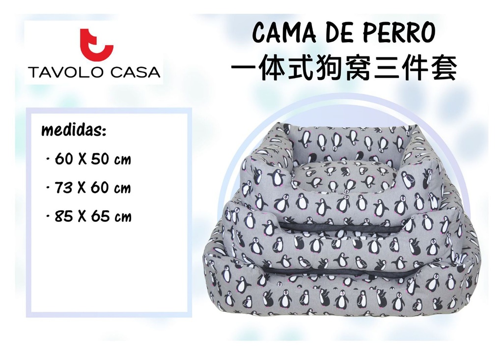 Cuna de perro 3 piezas - Conjunto de tres, diseño gris con pingüino