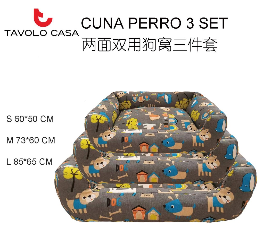 Cuna de perro 3 piezas - Diseño gris claro con manchas