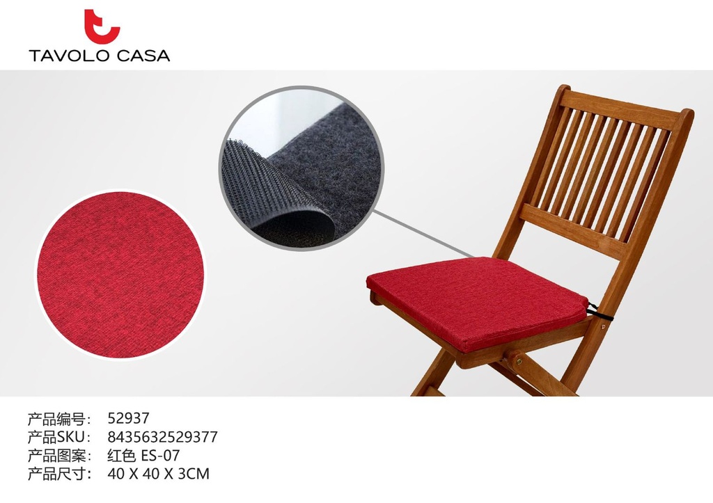 Cojín de silla de espuma con velcro 40x40x3cm rojo - Confort para asientos