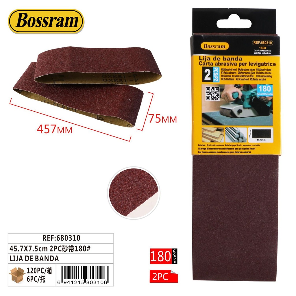 Banda de lija 45.7x7.5cm 2PC grano 180# - Abrasivos y herramientas de lijado