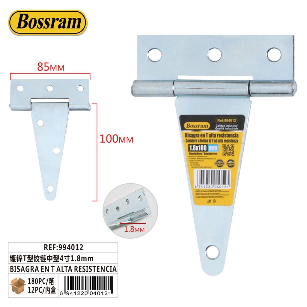 Bisagra en T de alta resistencia galvanizada tamaño mediano 4 pulgadas 1.8mm - Fijaciones y ferretería