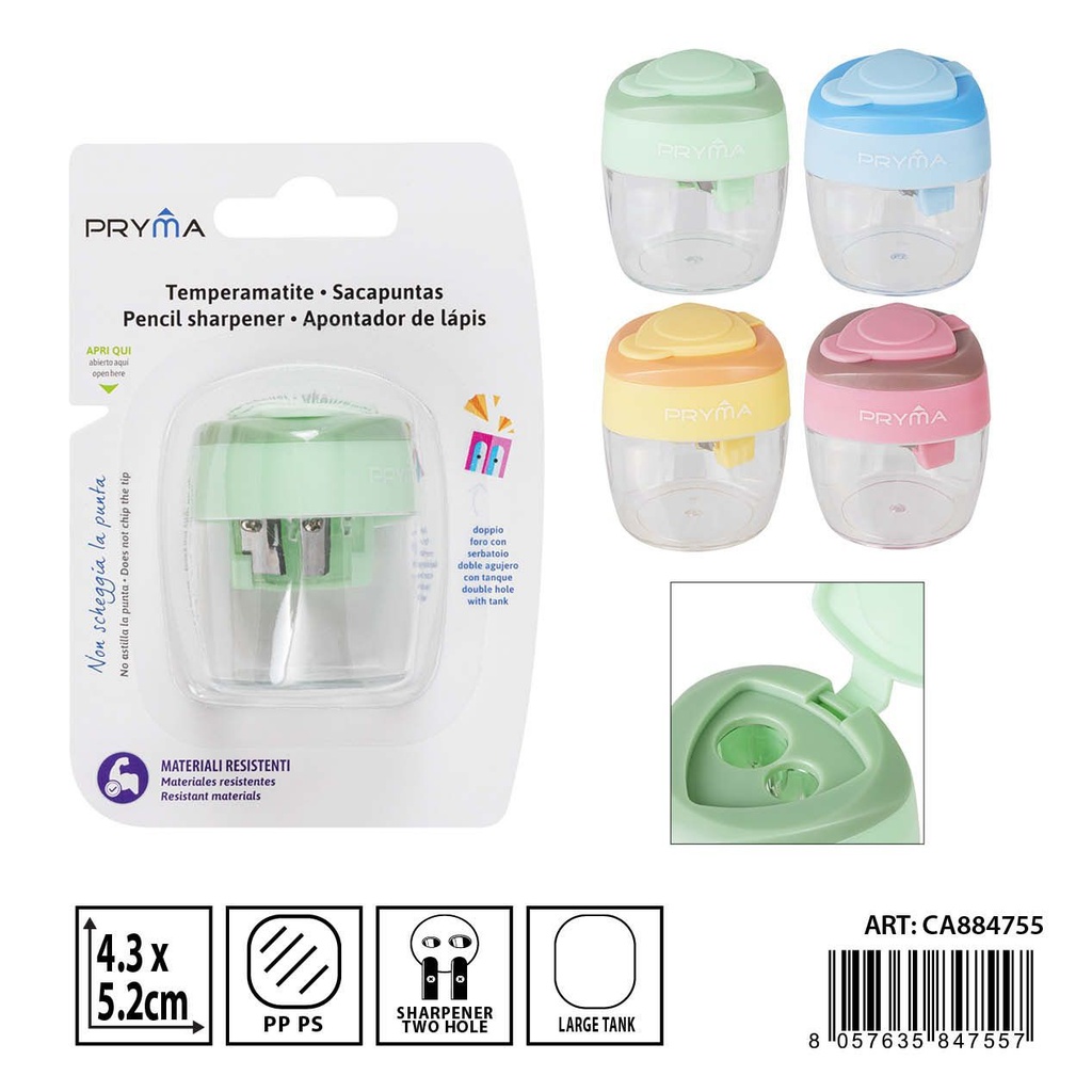Sacapuntas con contenedor 2 agujeros 4.3x5.2 cm - Herramientas escolares y sacapuntas