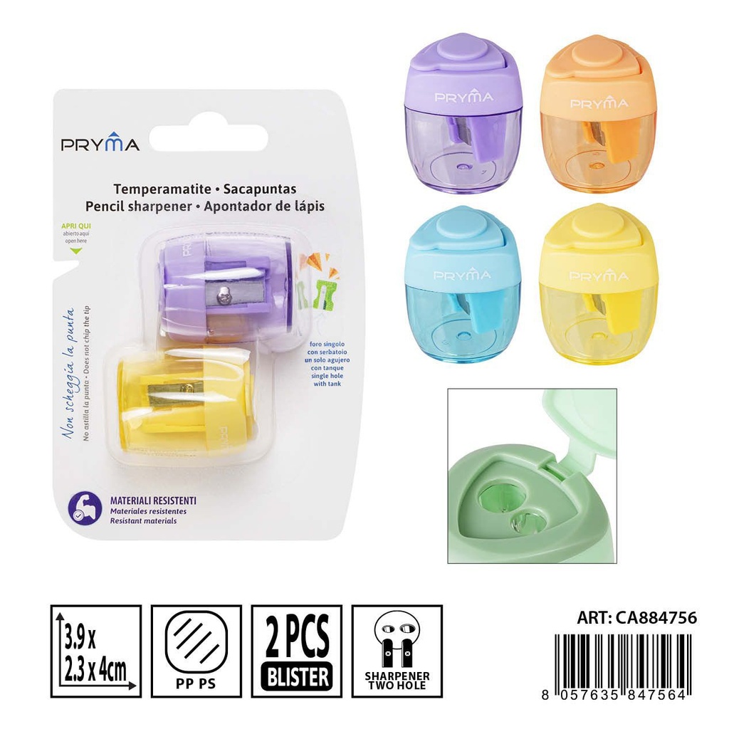 Sacapuntas con contenedor 1 agujero 3.9x2.3x4cm 2 uds - Funcional papelería