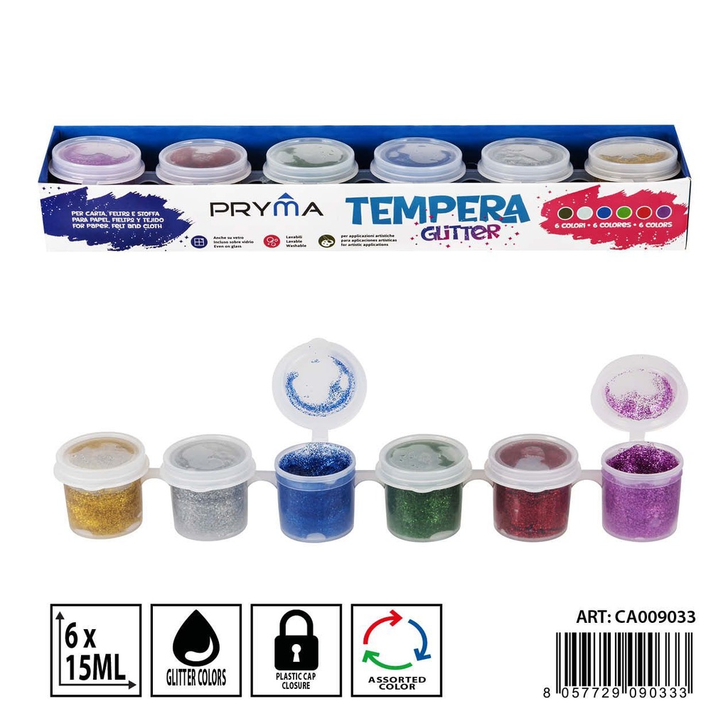 Témpera de 6 colores purpurina 15ml - Pinturas y manualidades
