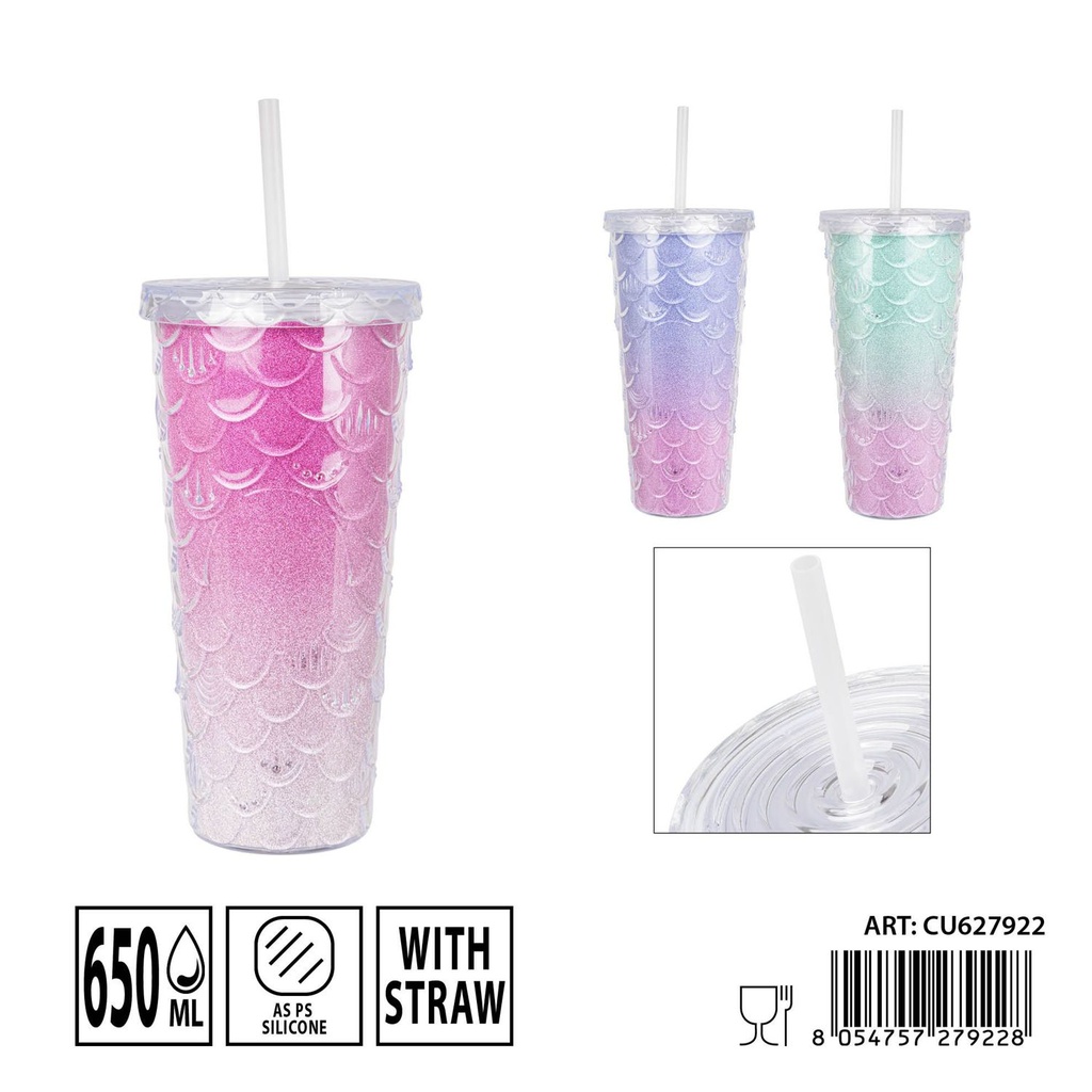 Vaso con pajita escama 20.5x10x6.5cm 650ml - Bebidas y refrescos