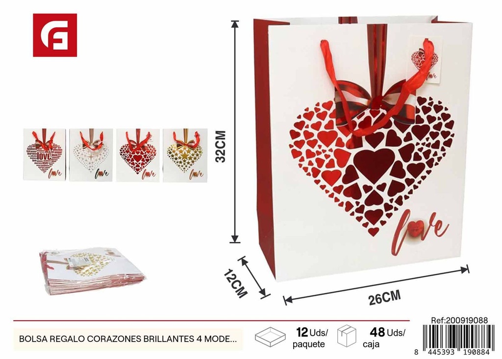 Bolsa regalo corazones brillantes 26*12*32CM - San Valentín