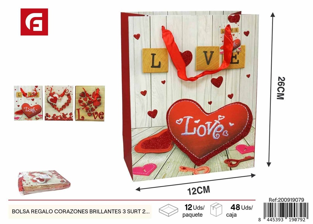 Bolsa regalo corazones brillantes 26*12CM - San Valentín