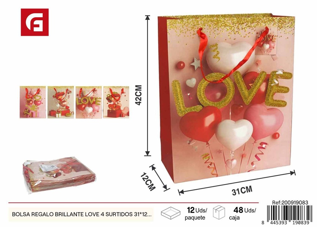 Bolsa regalo brillante Love 31*12*42cm 4 surtidos - Decoraciones de San Valentín