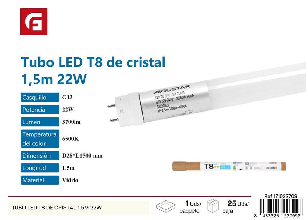 Tubo LED T8 de cristal 1.5m 22W - Iluminación eficiente