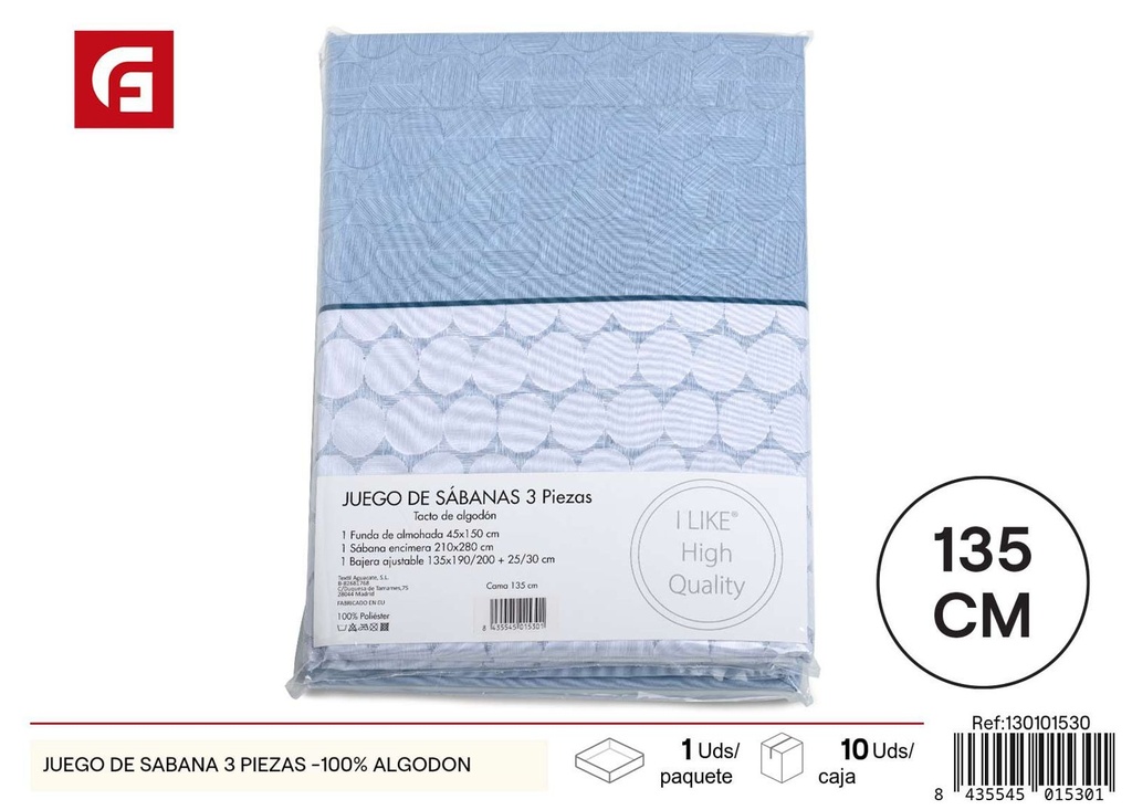 Juego de sábanas de 3 piezas 100% algodón - Ropa de cama