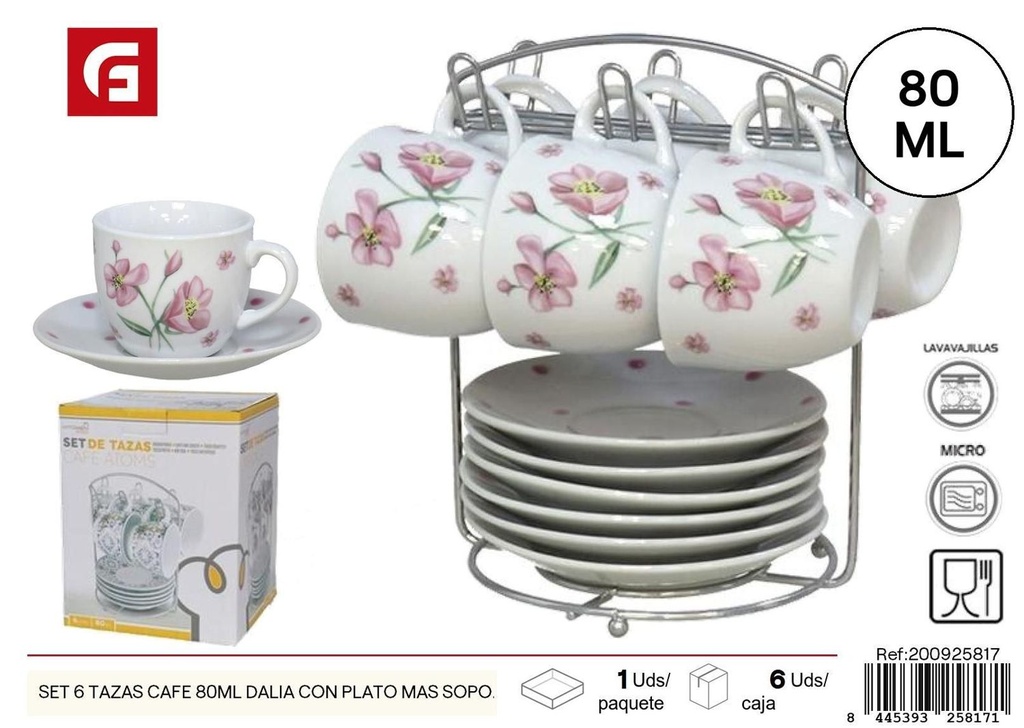 Set de 6 tazas de café 80 ml Dalia con plato y soporte - Utensilios de vidrio y cerámica 