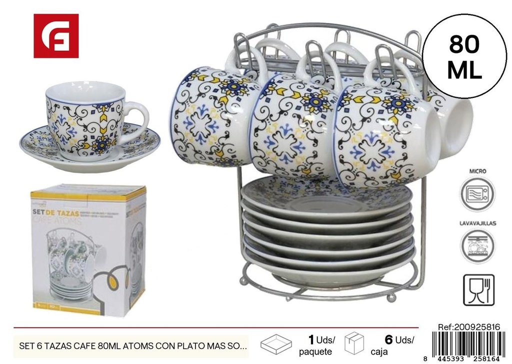 Set de 6 tazas de café 80 ml Atoms con plato y soporte - Utensilios de vidrio y cerámica