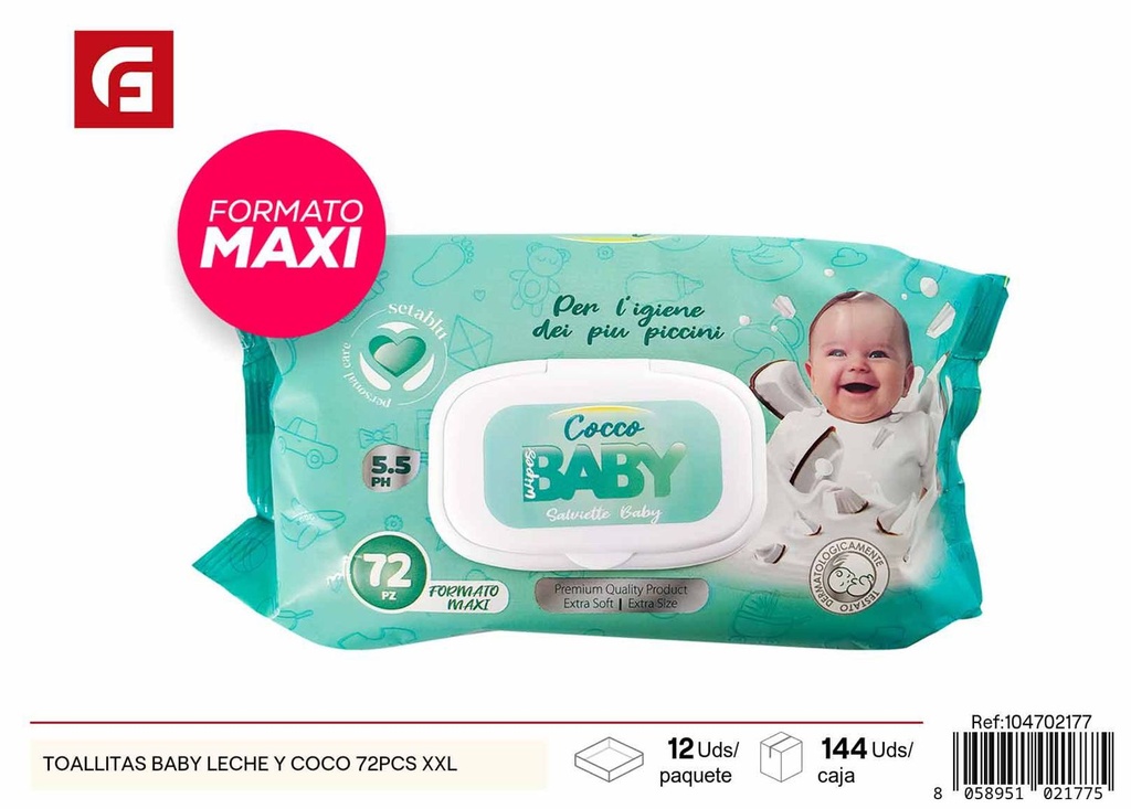 Toallitas bebé leche y coco 72pcs XXL - Cuidado personal