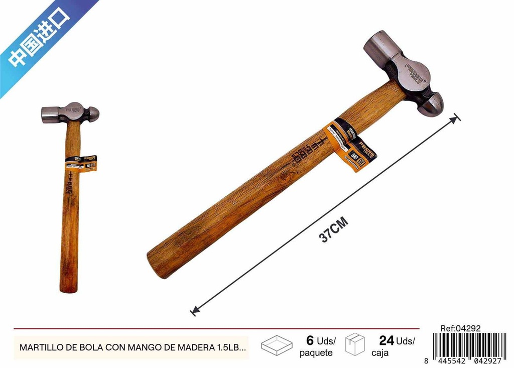 Martillo de bola con mango de madera 1.5lb - Herramienta de carpintería