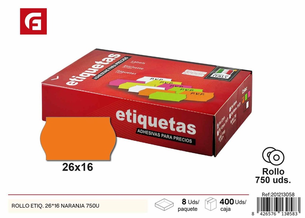 Rollo de etiquetas 26x16 naranja 750 unidades - Materiales de oficina y etiquetado