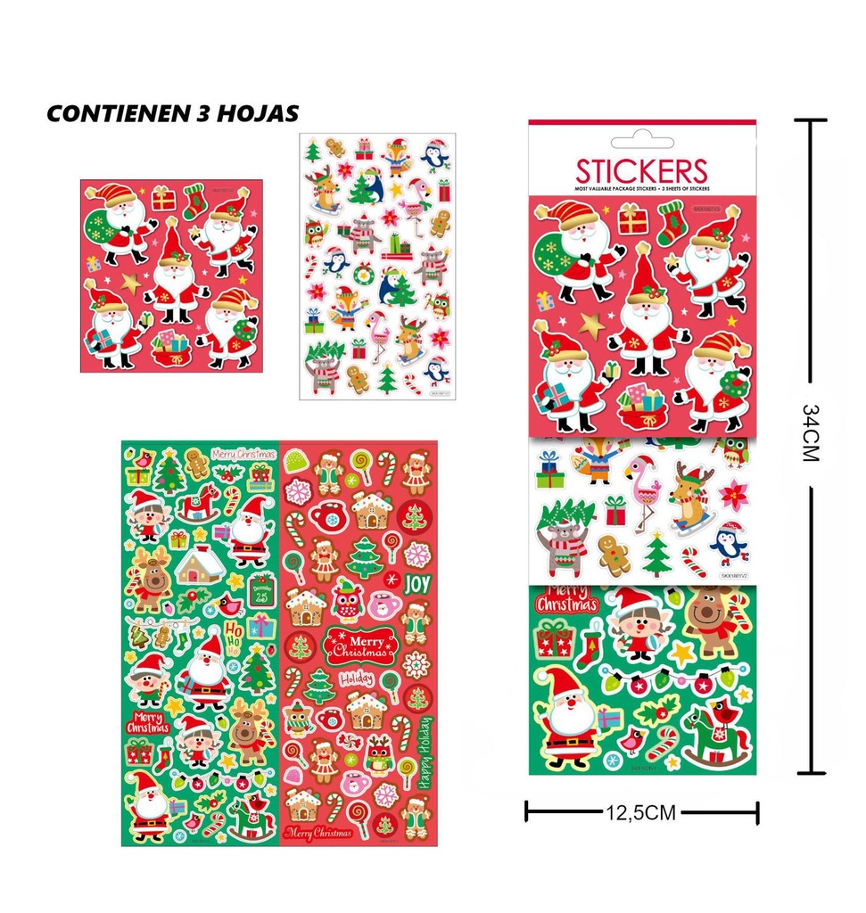 Stickers para regalo de Navidad 3 hojas 12.5x34cm - Stickers festivos