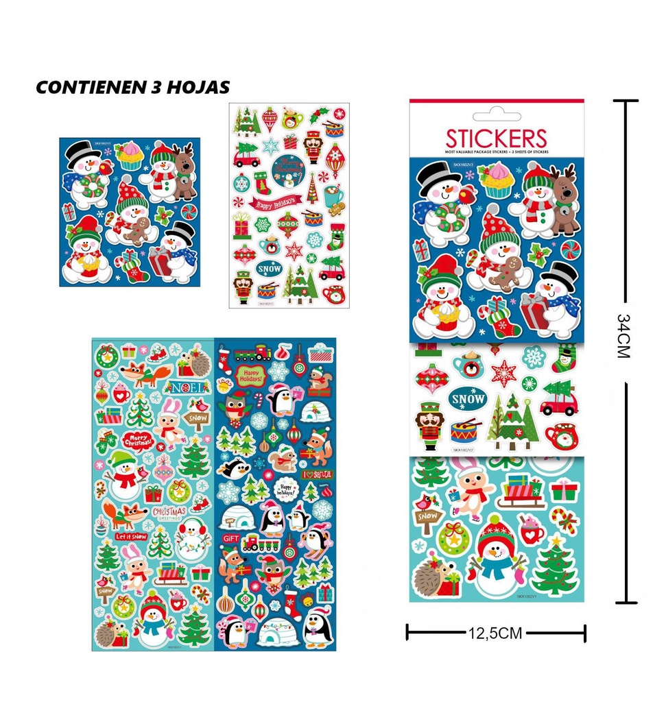 Stickers para regalo de Navidad 3 hojas 12.5x34cm - Stickers festivos