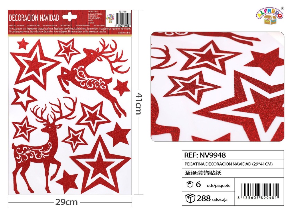 Decoración electrostática Navidad "Ciervo Reno con Estrellas" color rojo 29x41 cm - Adhesivos decorativos