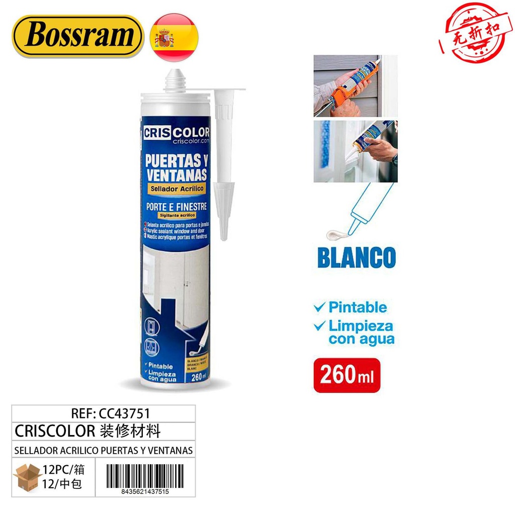 Sellador acrílico para puertas y ventanas blanco 260 ml - Materiales de construcción