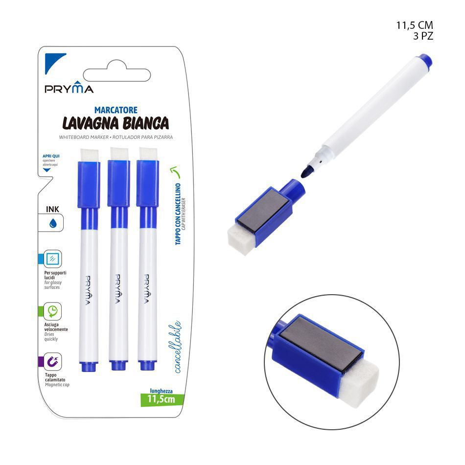 Rotulador para pizarra blanca con borrador 3 piezas azul - Esencial para presentaciones