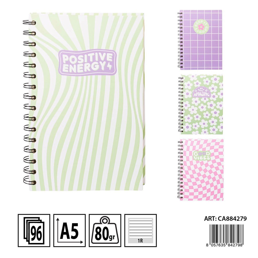 Libreta espiral A5 96 hojas 80g 21x15cm - Cuaderno de notas óptico