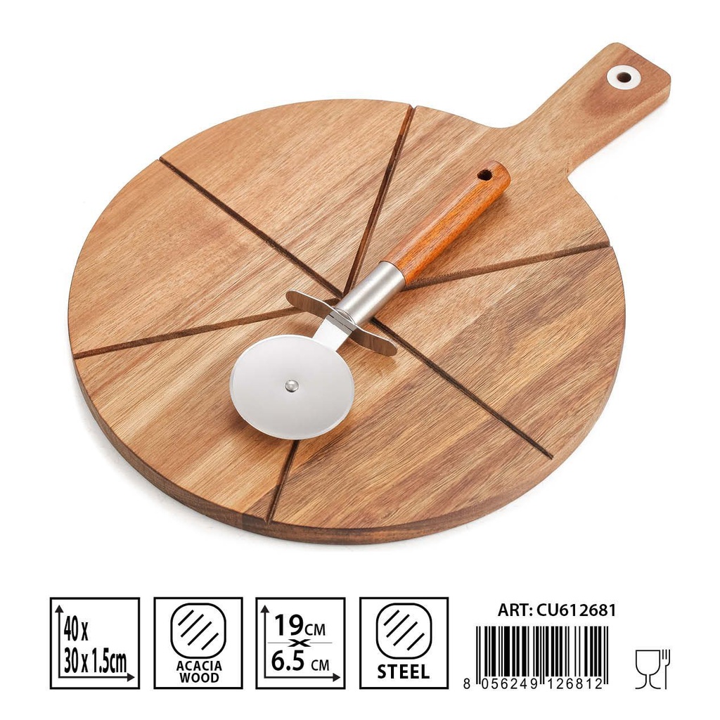 Tabla de madera ovalada con cortador de pizza de 40x30x1.5 cm - Utensilios de cocina