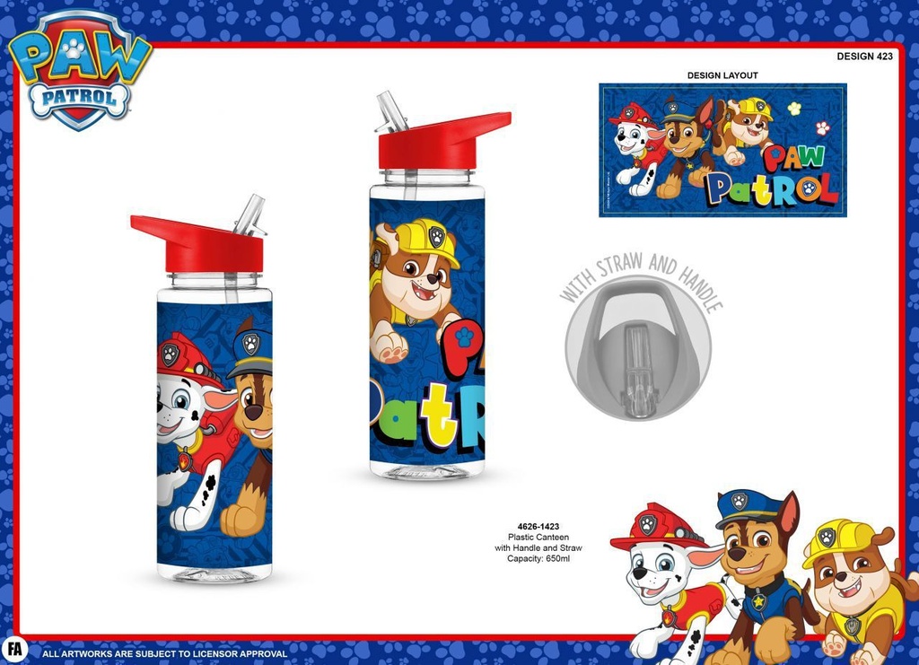 Botella de plástico con pajita Paw Patrol 650 ml - Botella para niños