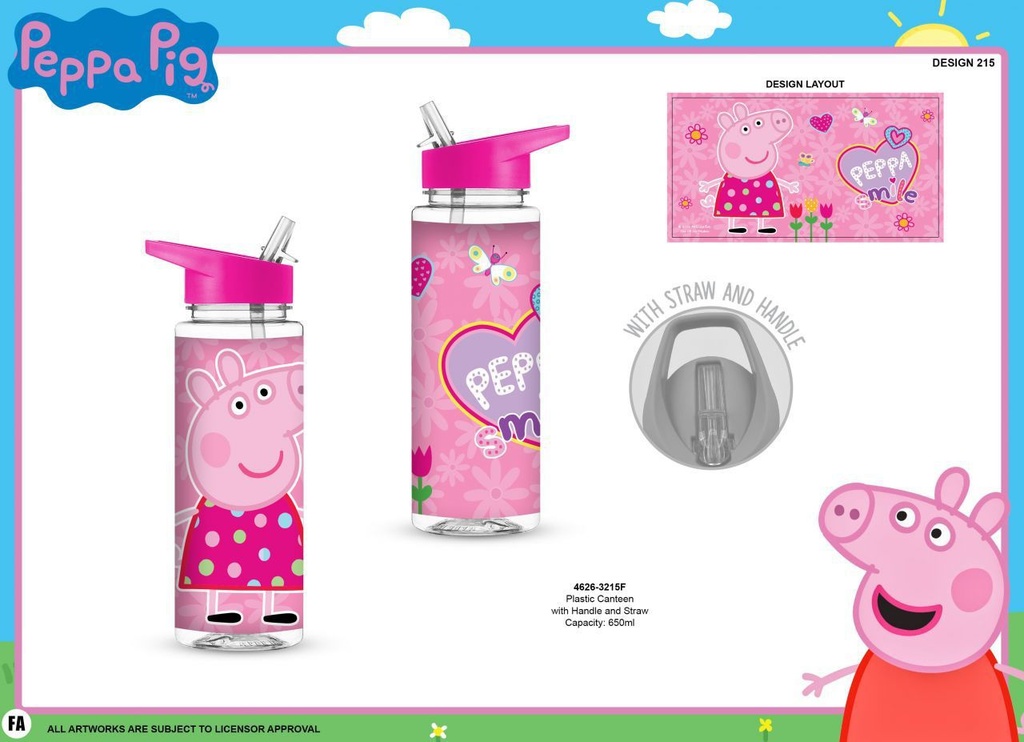 Botella de plástico con pajita Peppa Pig 650 ml - Botella temática