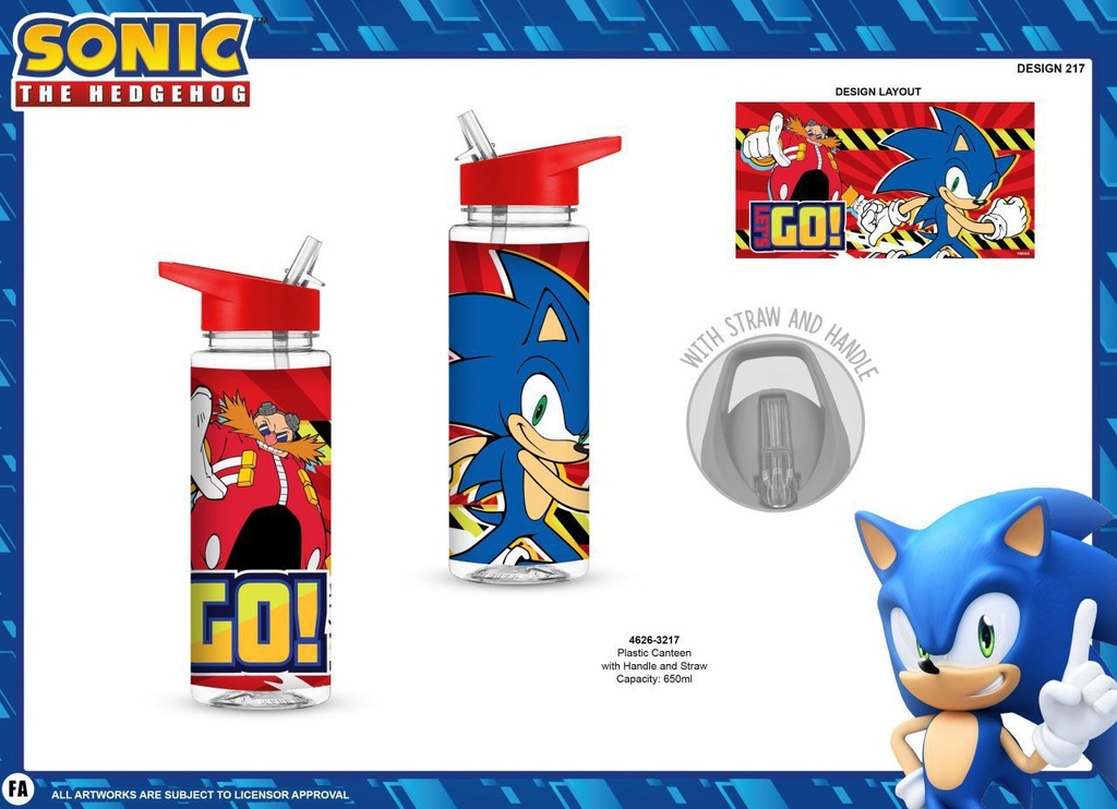 Botella de plástico con pajita Sonic 650 ml - Botella de personajes