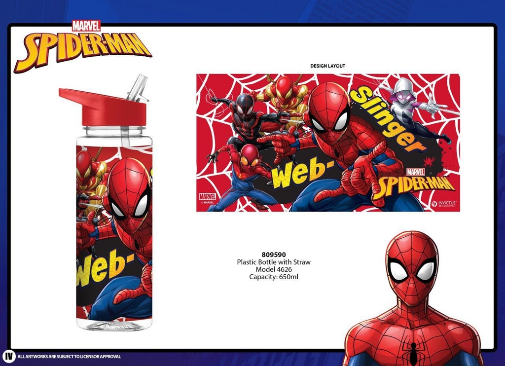 Botella de plástico con pajita Spiderman 650 ml - Botella coleccionable