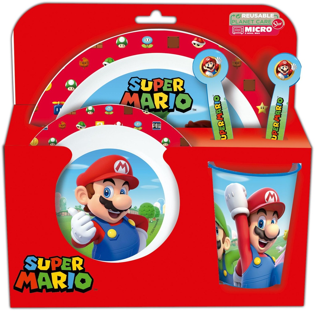 Set Micro Kids 5 pcs (plato, cuenco, vaso 260 ml y cubiertos) Super Mario - Utensilios para niños