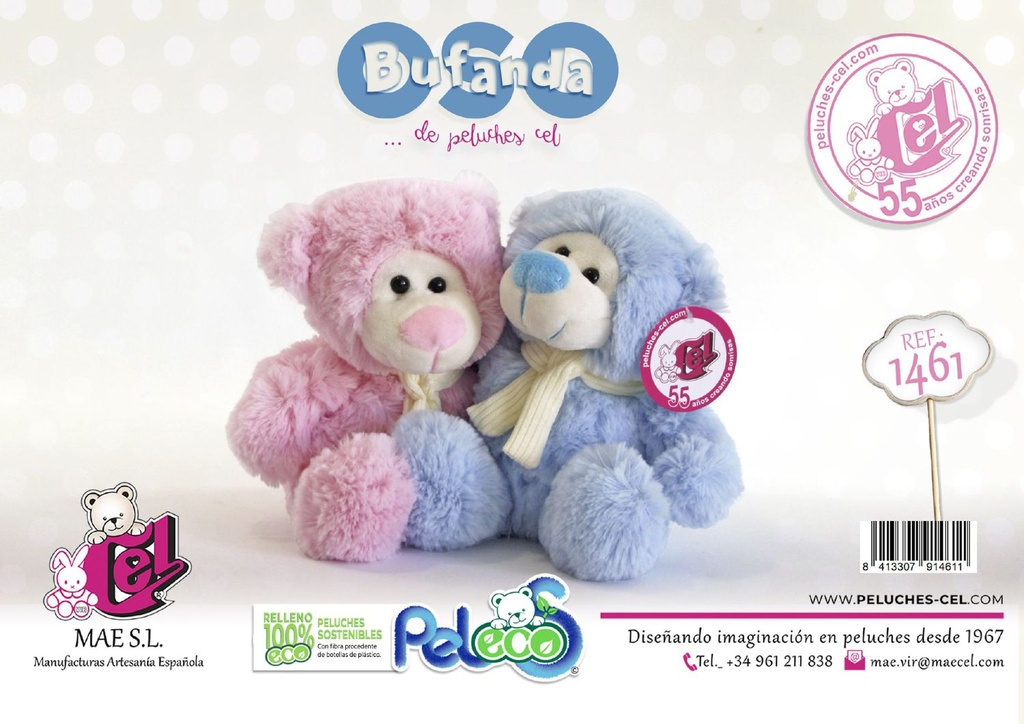 Oso de peluche con bufanda rosa y azul 20 cm