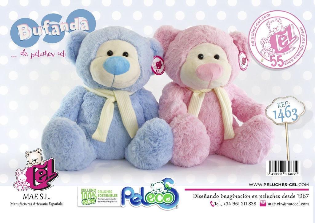 Oso con bufanda rosa y azul 40 cm - Peluches de colección