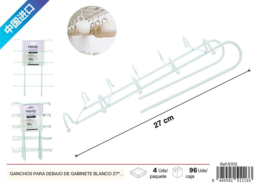 Ganchos para colgar tazas debajo del gabinete blanco 27x18x7 cm - Utensilios de cocina