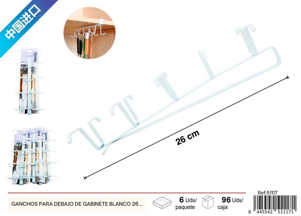 Ganchos para colgar diez tazas debajo del gabinete blanco 26x10x7 cm - Utensilios de cocina