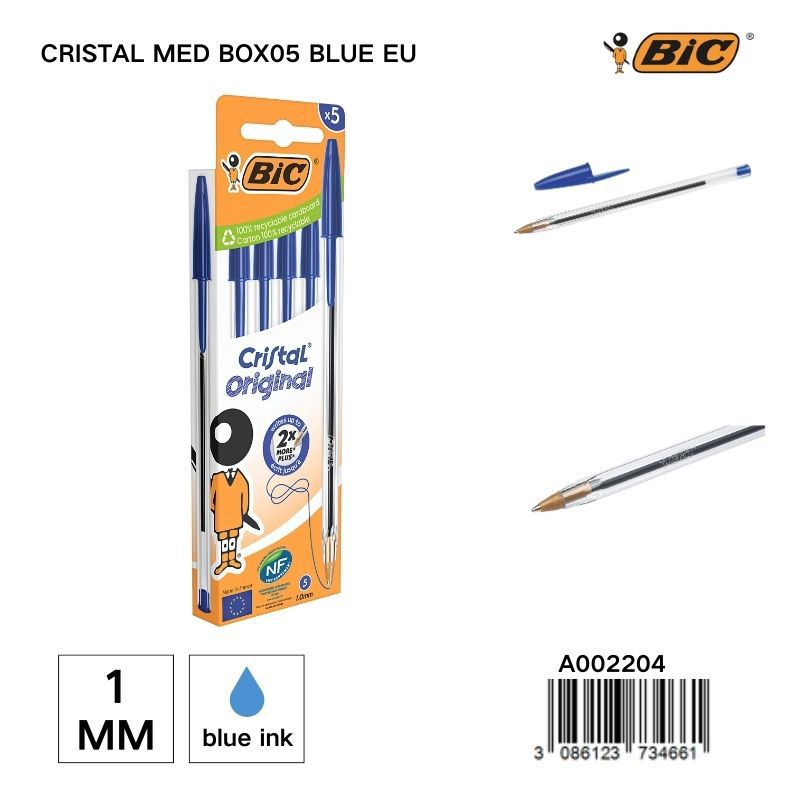 Bolígrafo BIC Cristal Med 1 mm caja de 5 unidades - Útiles de escritura y papelería
