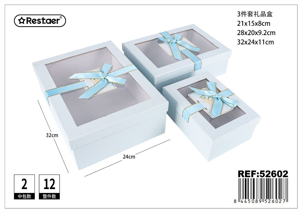 Set de 3 cajas rectangulares con ventana 32x24x11 cm - Embalajes de regalos