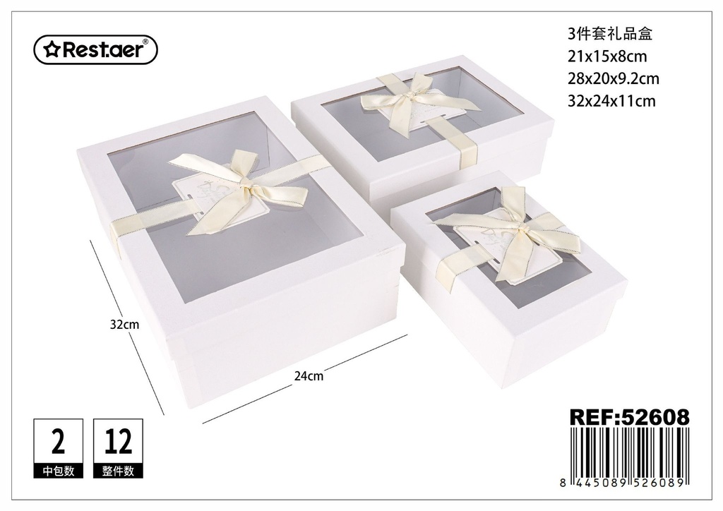 Set de 3 cajas rectangulares con ventana 32x24x11 cm - Embalajes de regalos